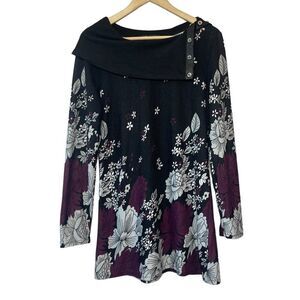 Papa Vancouver Snap Cowl Neck Black/Burgundy Floral Tunic Dress‎ Sz M